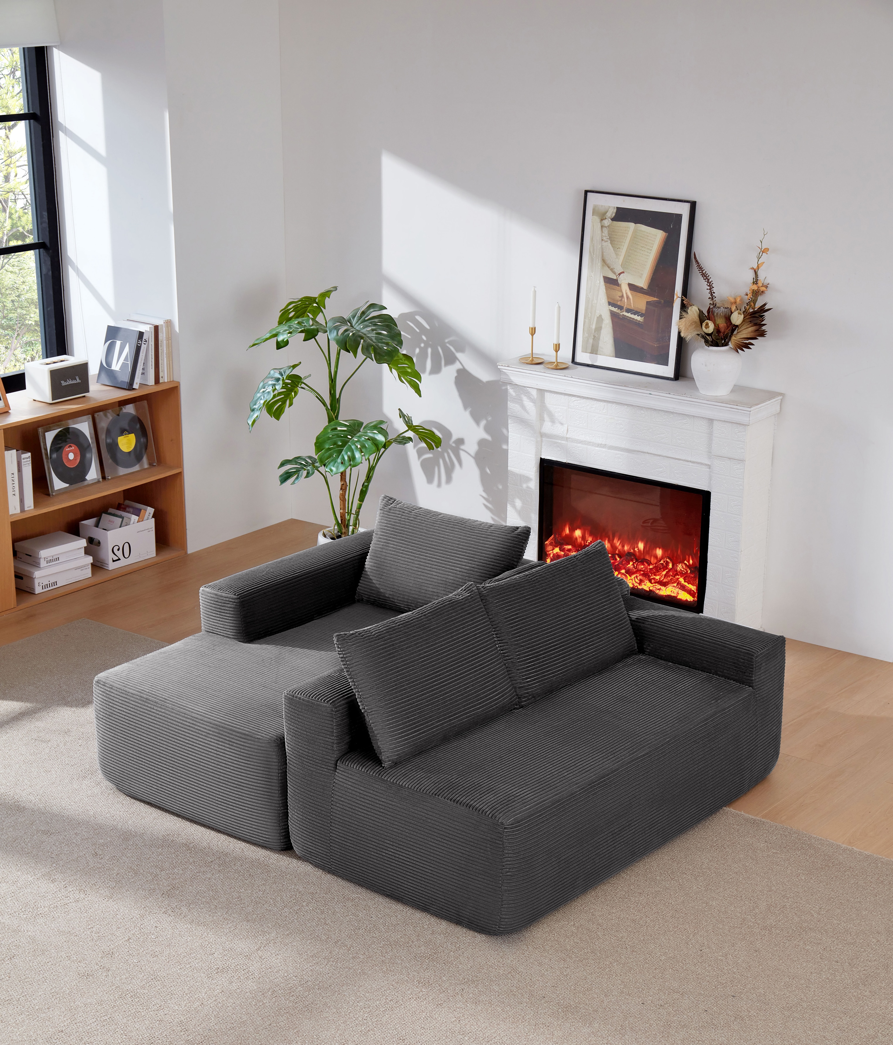 Modern Cloud Sectional Sofa L-shape Chaise Black Corduroy Fabric_voghion.com